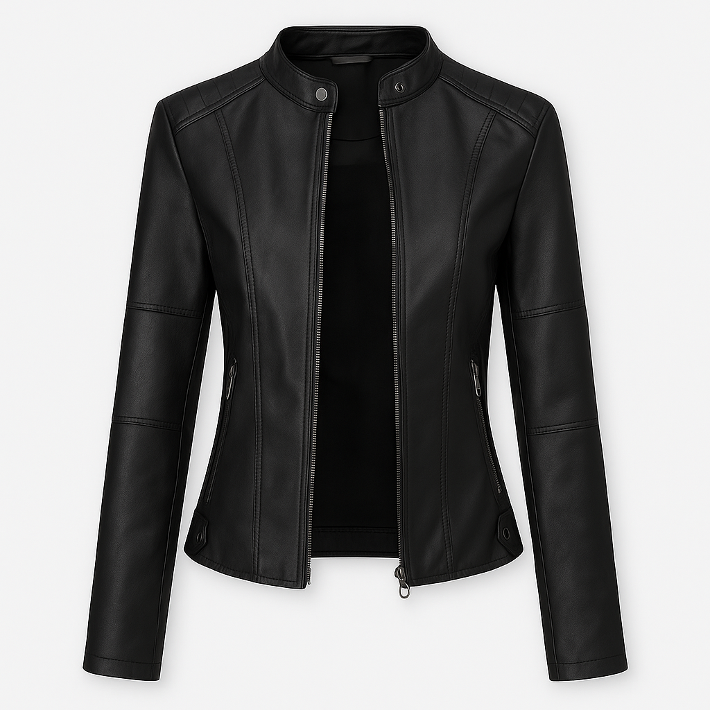 Faux leather jacket with stand collar and zip-up front, styled for sleek and modern casual wear