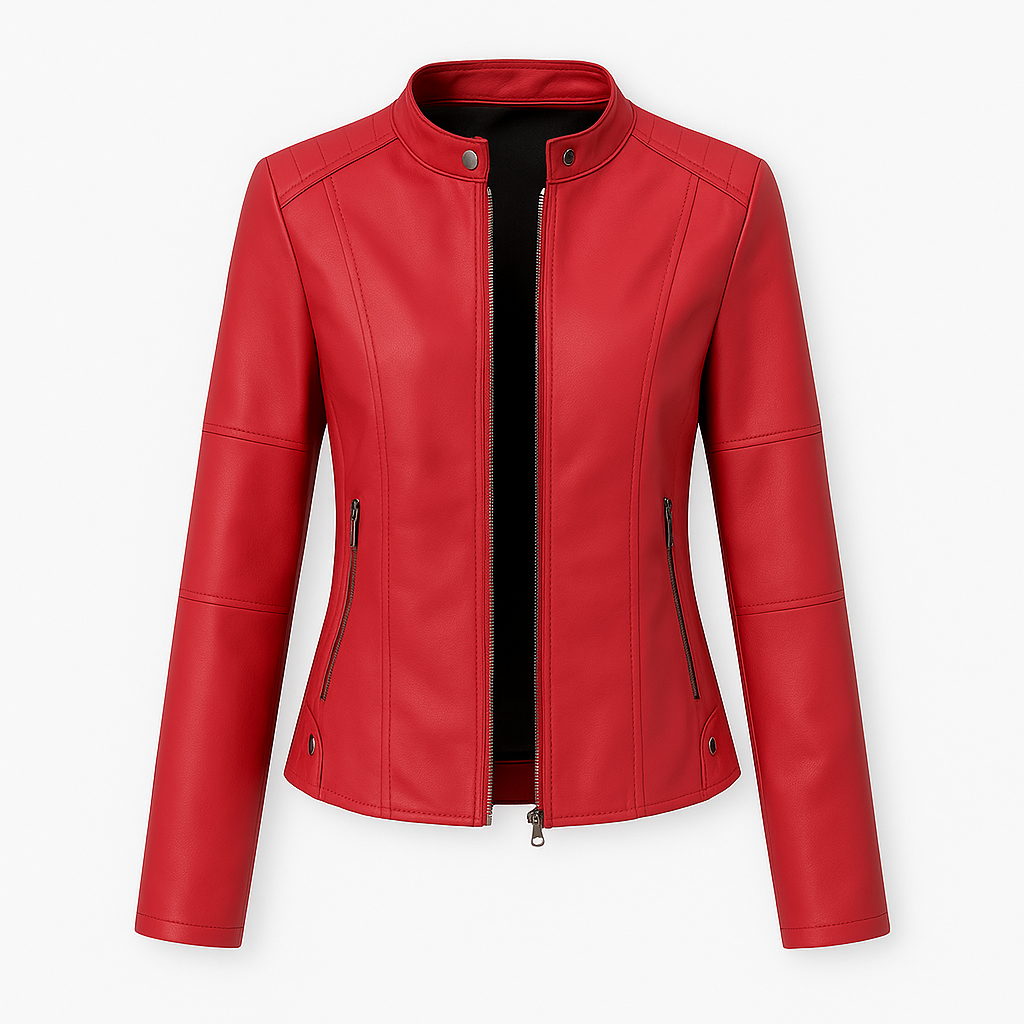Faux leather jacket with stand collar and zip-up front, styled for sleek and modern casual wear