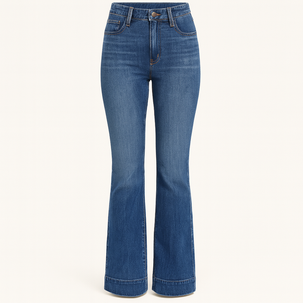 High-rise flare jeans in classic medium-blue wash with clean hem and structured silhouette, styled for versatile everyday wear
