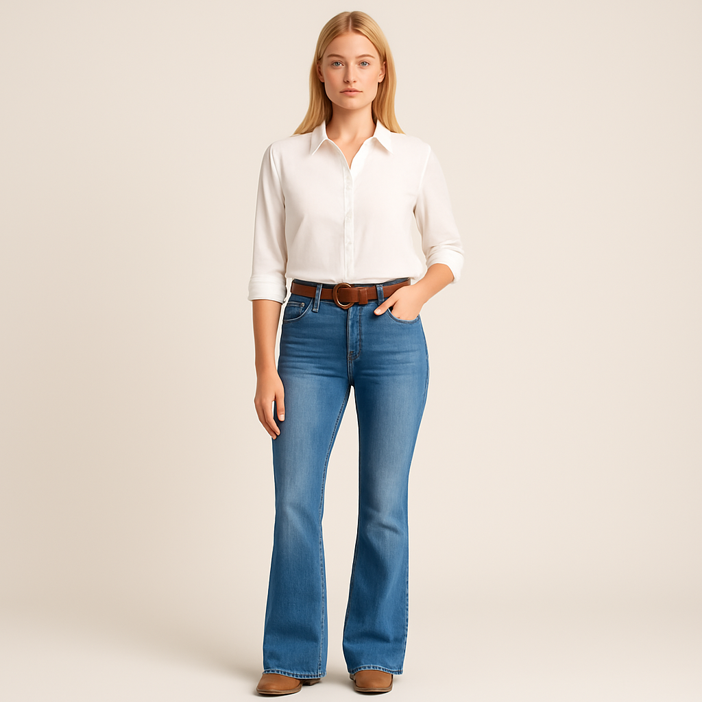 High-rise flare jeans in classic medium-blue wash with clean hem and structured silhouette, styled for versatile everyday wear
