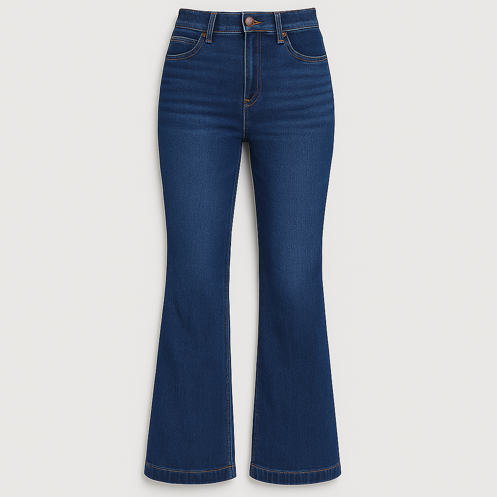 High-rise flare jeans in classic medium-blue wash with clean hem and structured silhouette, styled for versatile everyday wear