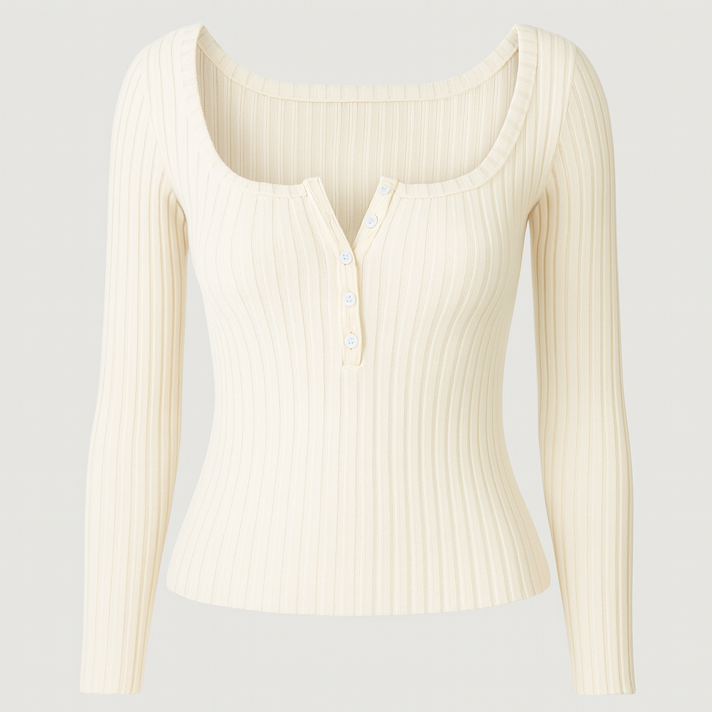 Cream ribbed knit long sleeve top with square neckline and button front detail, styled with white textured bottoms