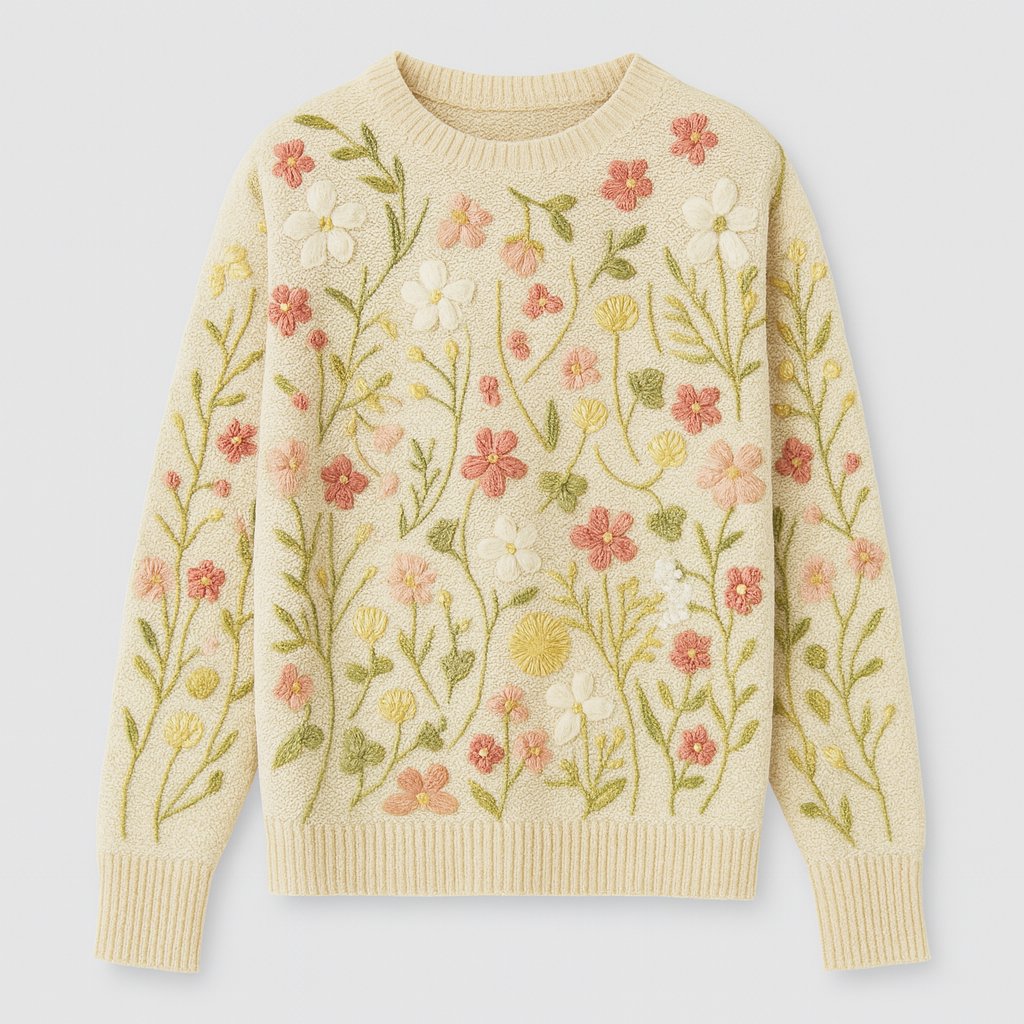 A cream-colored knit sweater with long sleeves, decorated with colorful embroidered floral patterns in pink, yellow, green, and white.