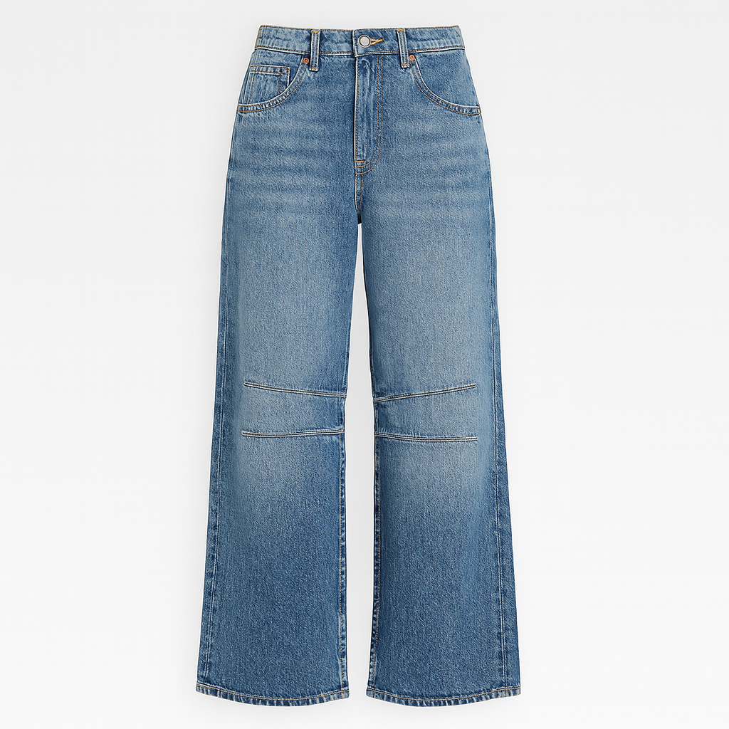 Wide-leg denim jeans with vintage-inspired wash, high-rise waist, and relaxed fit, styled for modern casual wear