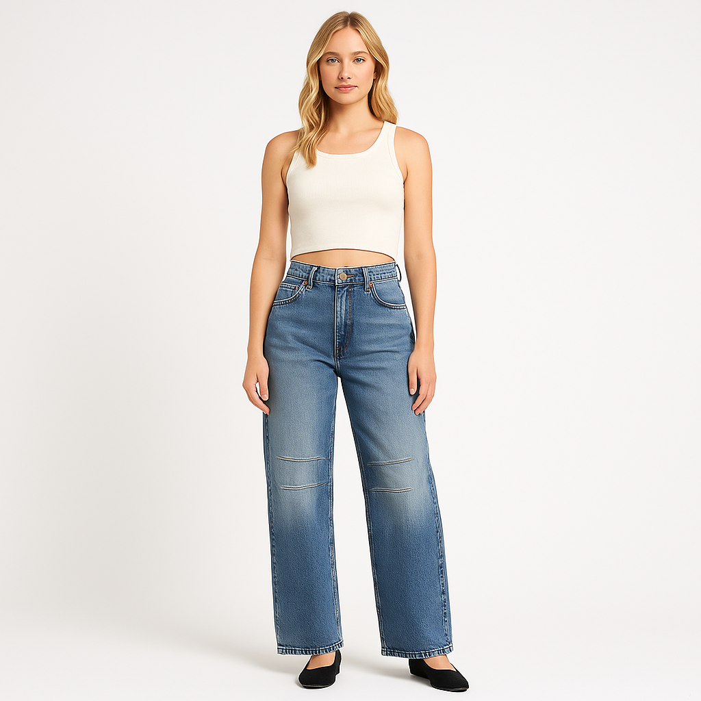 Wide-leg denim jeans with vintage-inspired wash, high-rise waist, and relaxed fit, styled for modern casual wear