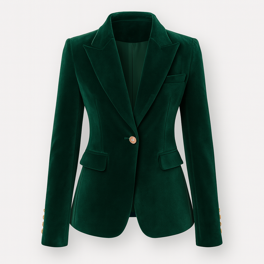 Velvet blazer with notched lapel collar and single-button closure, styled for elegant and modern layering