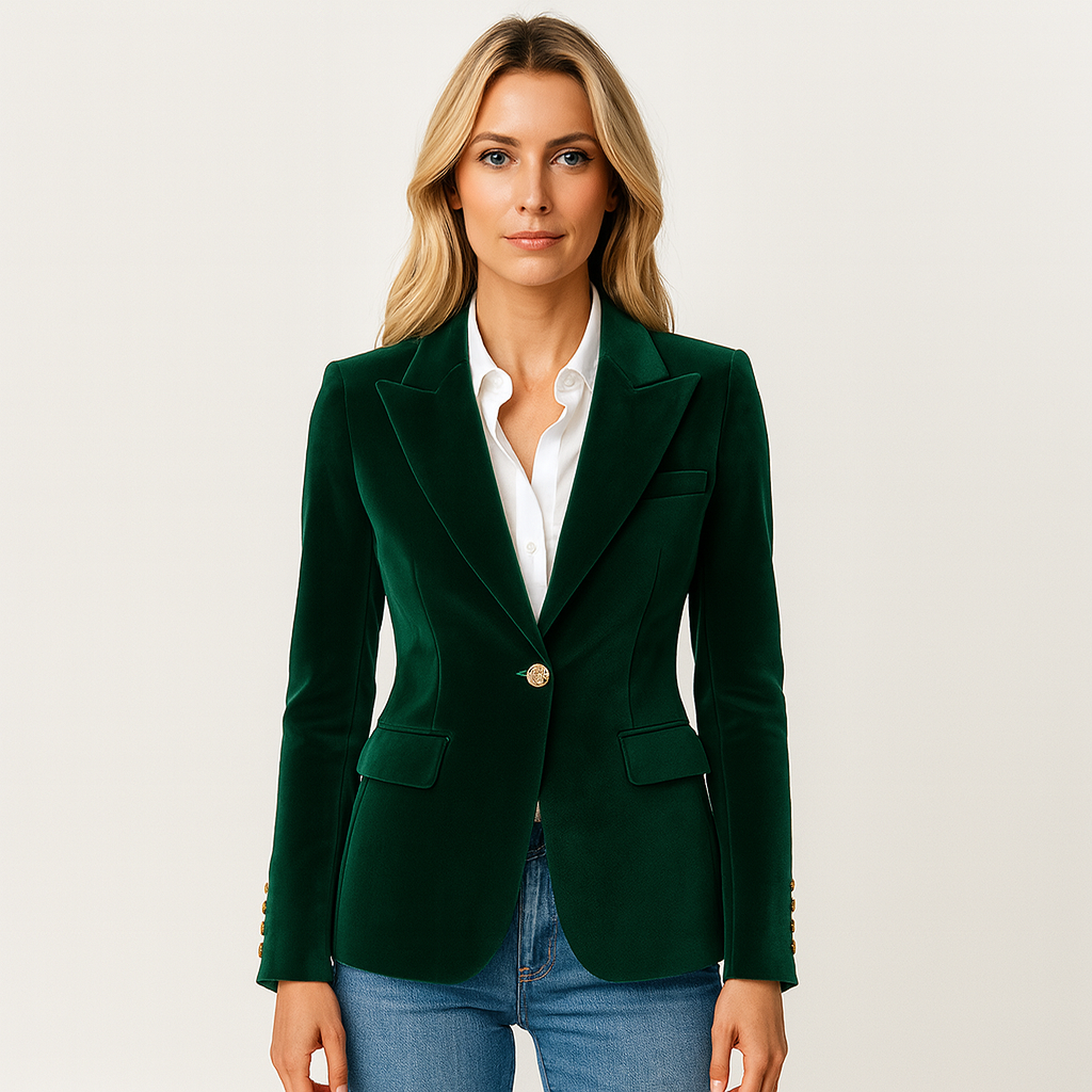 Velvet blazer with notched lapel collar and single-button closure, styled for elegant and modern layering