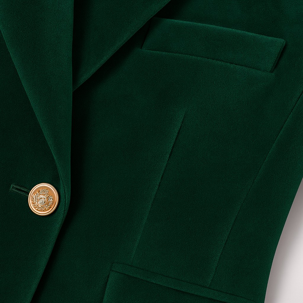 Velvet blazer with notched lapel collar and single-button closure, styled for elegant and modern layering