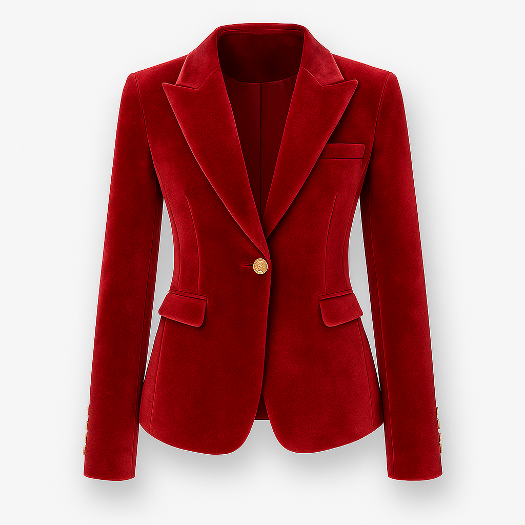 Velvet blazer with notched lapel collar and single-button closure, styled for elegant and modern layering
