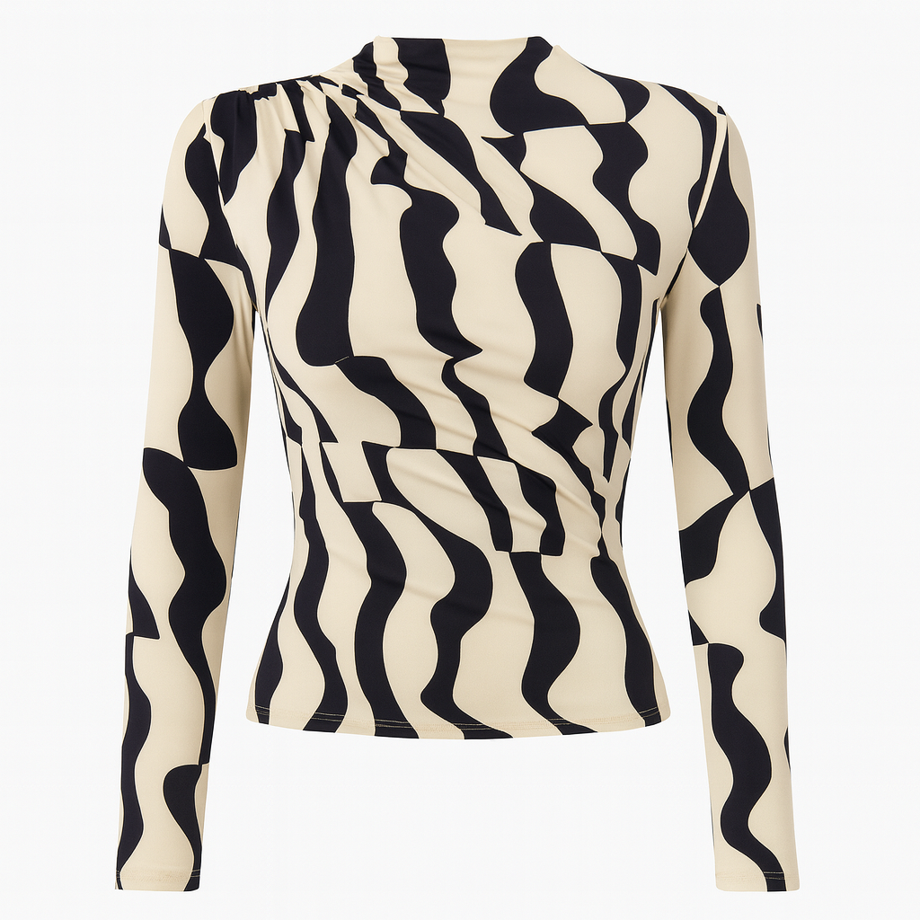 A fitted long-sleeve top with an abstract black-and-white print, high neckline, and ruched detailing for a flattering fit.