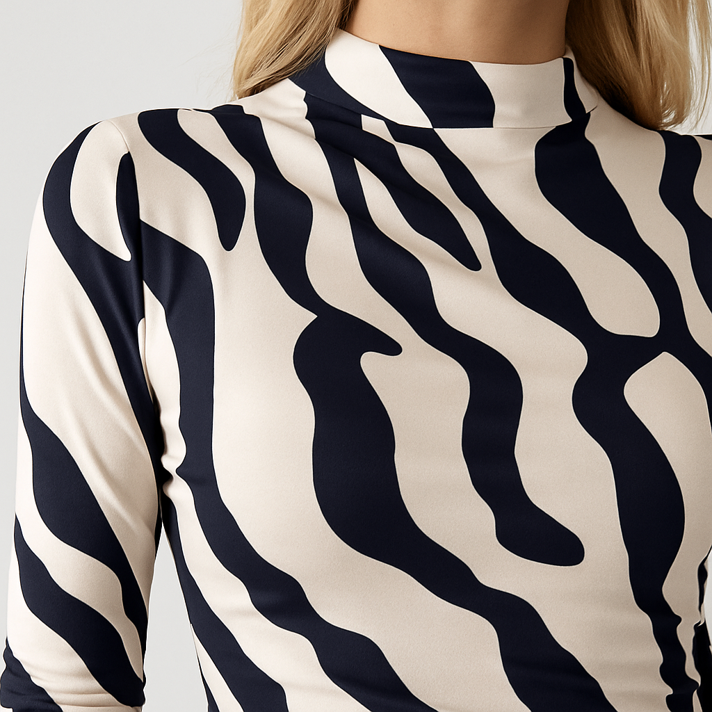 A fitted long-sleeve top with an abstract black-and-white print, high neckline, and ruched detailing for a flattering fit.