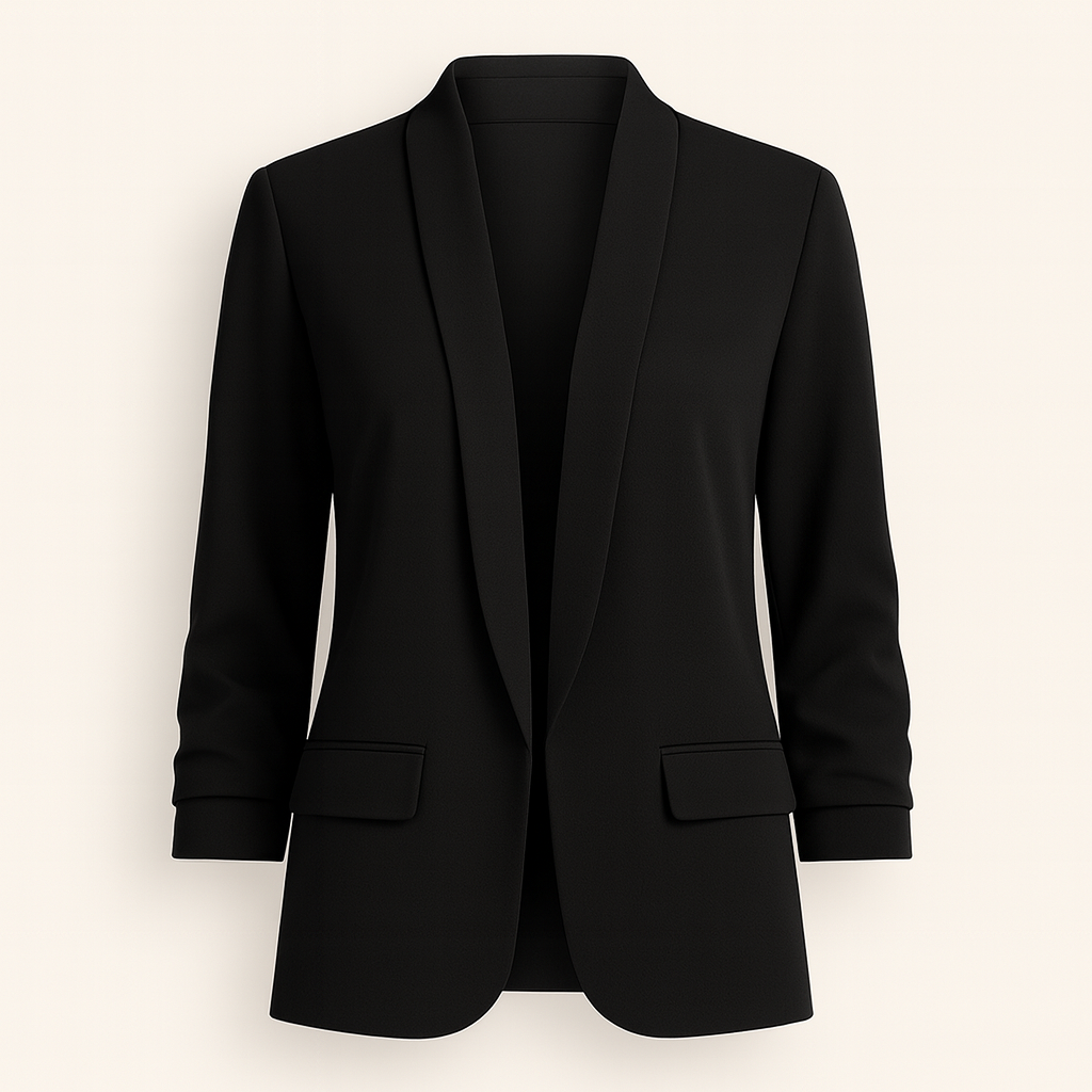 A tailored women’s blazer with a relaxed fit, open front design, notched lapels, long sleeves, and two front flap pockets.