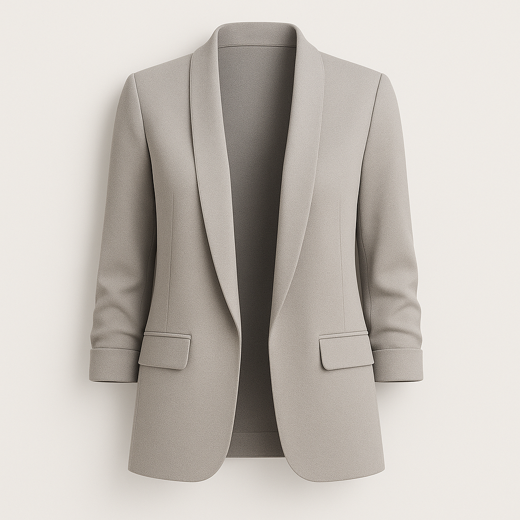 A tailored women’s blazer with a relaxed fit, open front design, notched lapels, long sleeves, and two front flap pockets.