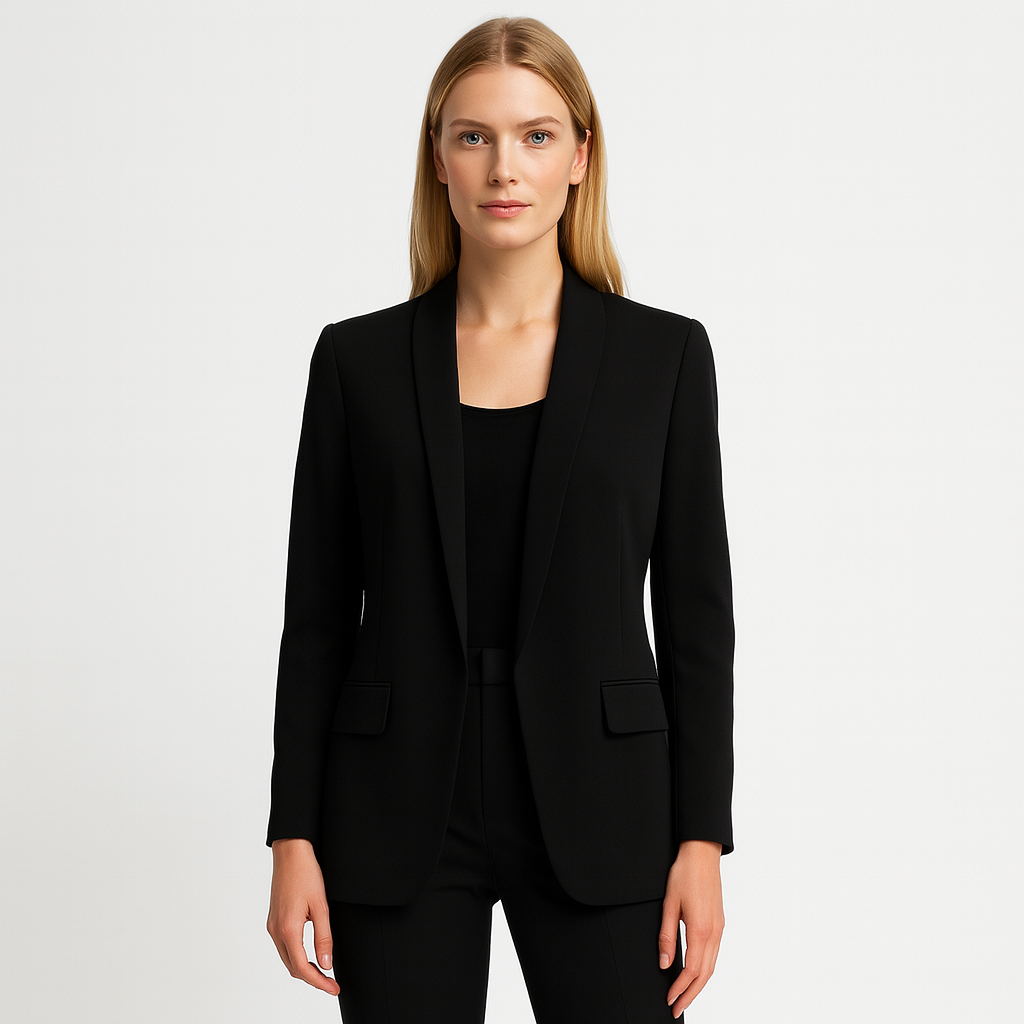A tailored women’s blazer with a relaxed fit, open front design, notched lapels, long sleeves, and two front flap pockets.