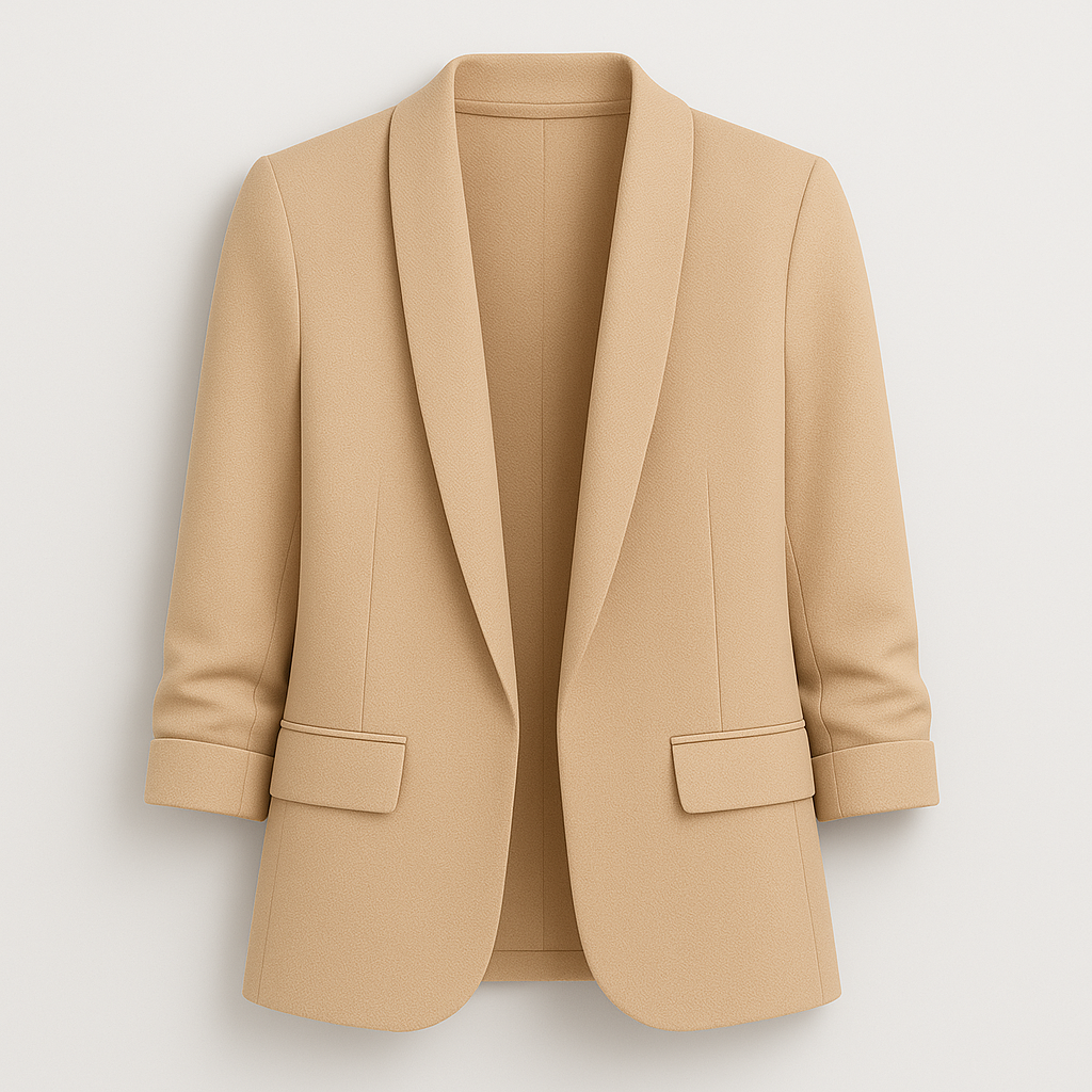 A tailored women’s blazer with a relaxed fit, open front design, notched lapels, long sleeves, and two front flap pockets.