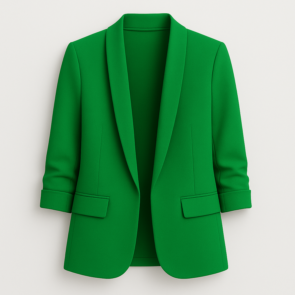 A tailored women’s blazer with a relaxed fit, open front design, notched lapels, long sleeves, and two front flap pockets.