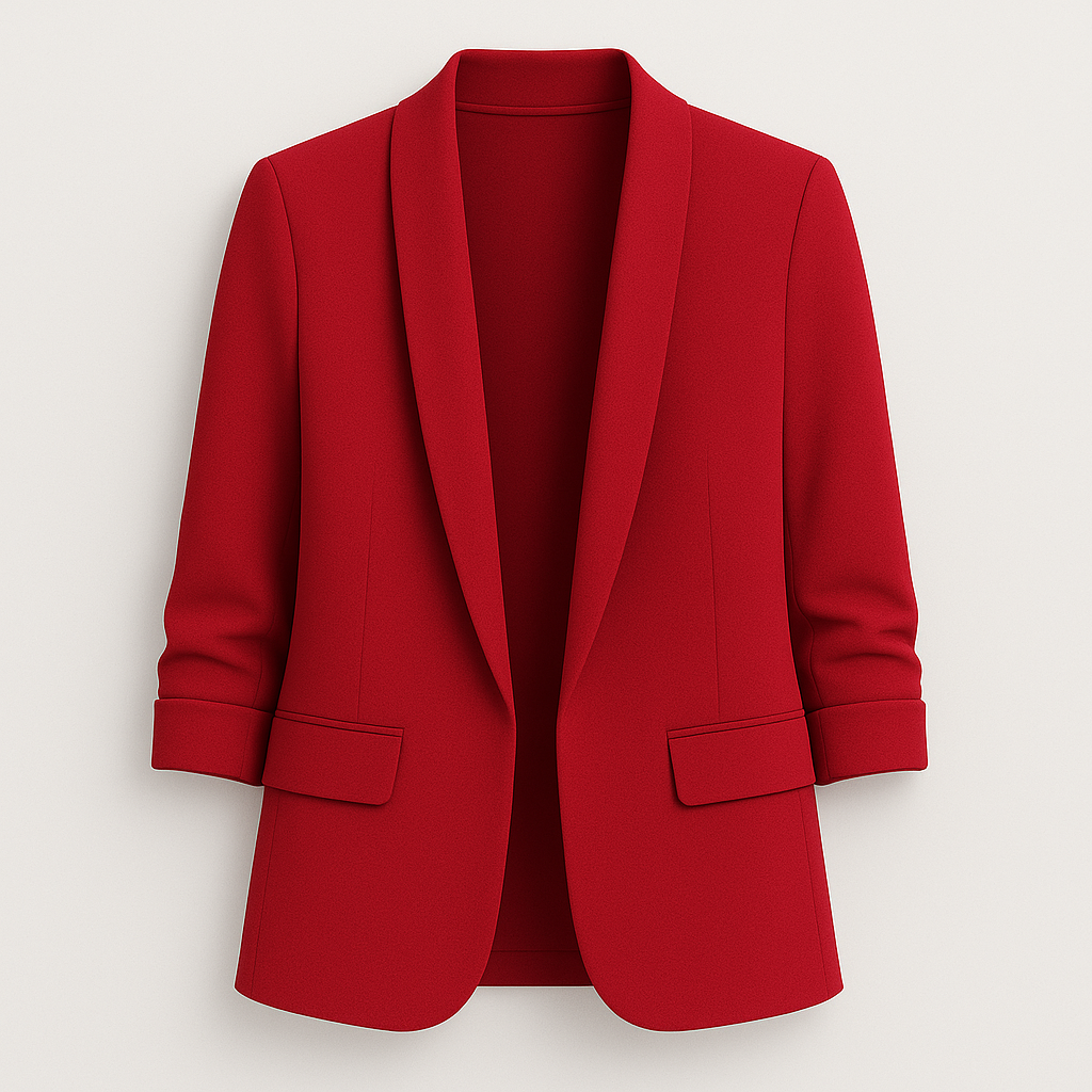 A tailored women’s blazer with a relaxed fit, open front design, notched lapels, long sleeves, and two front flap pockets.