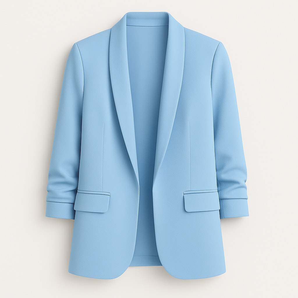 A tailored women’s blazer with a relaxed fit, open front design, notched lapels, long sleeves, and two front flap pockets.