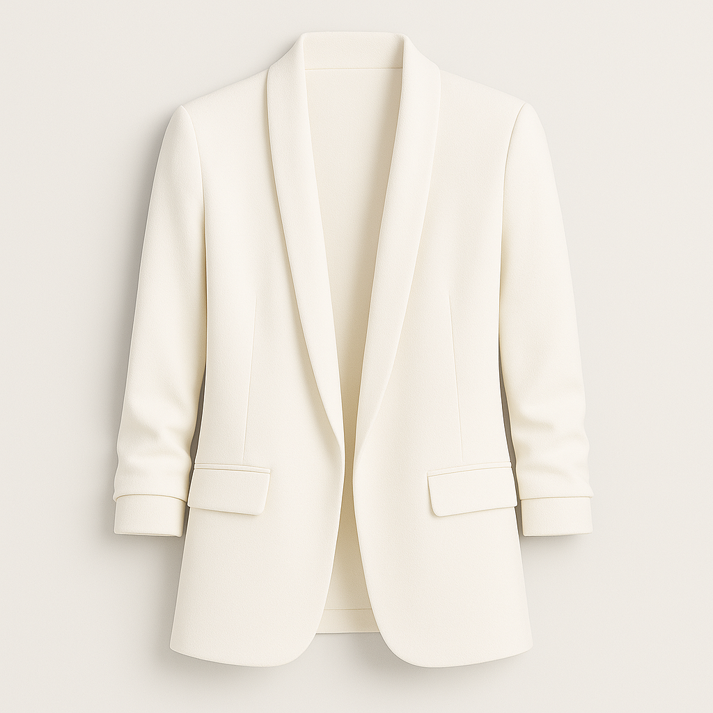 A tailored women’s blazer with a relaxed fit, open front design, notched lapels, long sleeves, and two front flap pockets.