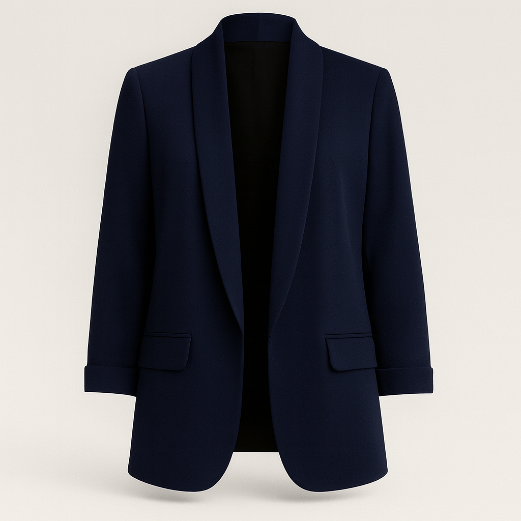 A tailored women’s blazer with a relaxed fit, open front design, notched lapels, long sleeves, and two front flap pockets.