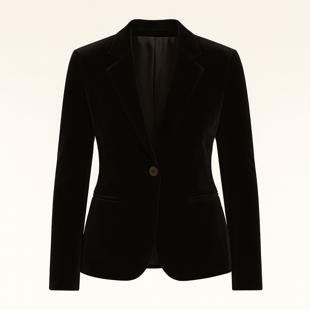 A classic velvet blazer featuring a tailored fit with a single-button closure. It has a notched lapel collar, front welt pockets, and a smooth satin lining, offering a refined and luxurious look ideal for both formal and evening occasions.