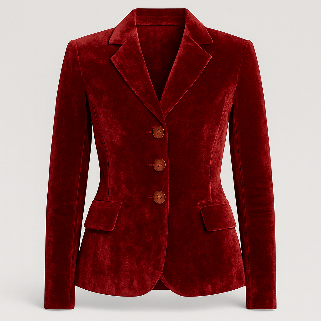 A classic velvet blazer featuring a tailored fit with a single-button closure. It has a notched lapel collar, front welt pockets, and a smooth satin lining, offering a refined and luxurious look ideal for both formal and evening occasions.