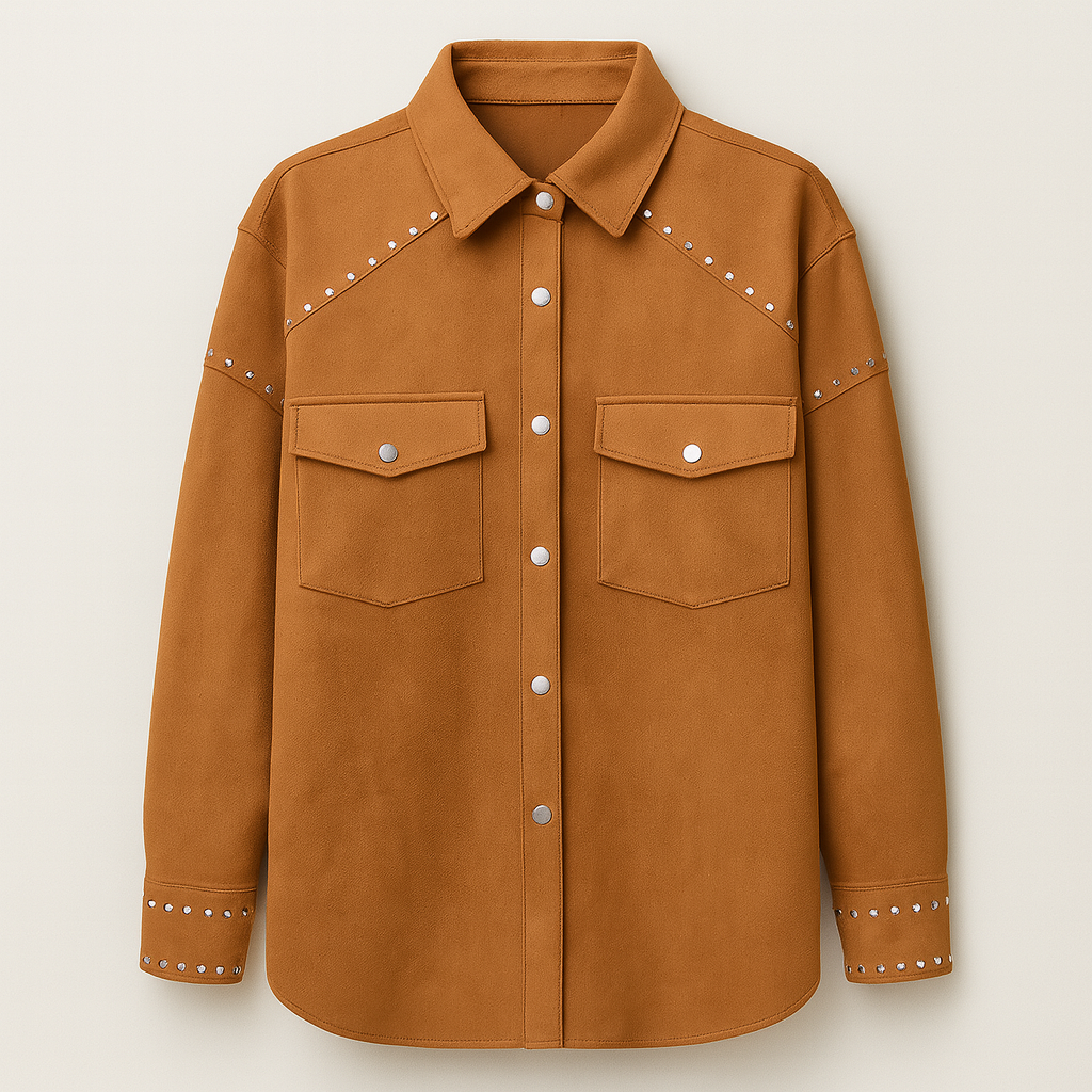 A longline faux suede shirt jacket with silver-tone studs along the shoulders and cuffs, featuring a collared neckline, snap button front, and flap chest pockets.