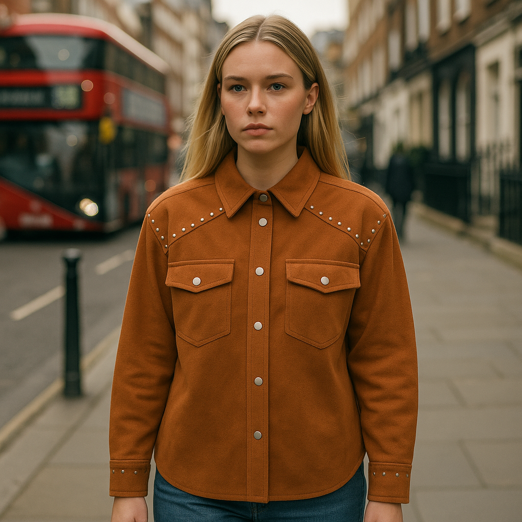 A longline faux suede shirt jacket with silver-tone studs along the shoulders and cuffs, featuring a collared neckline, snap button front, and flap chest pockets.