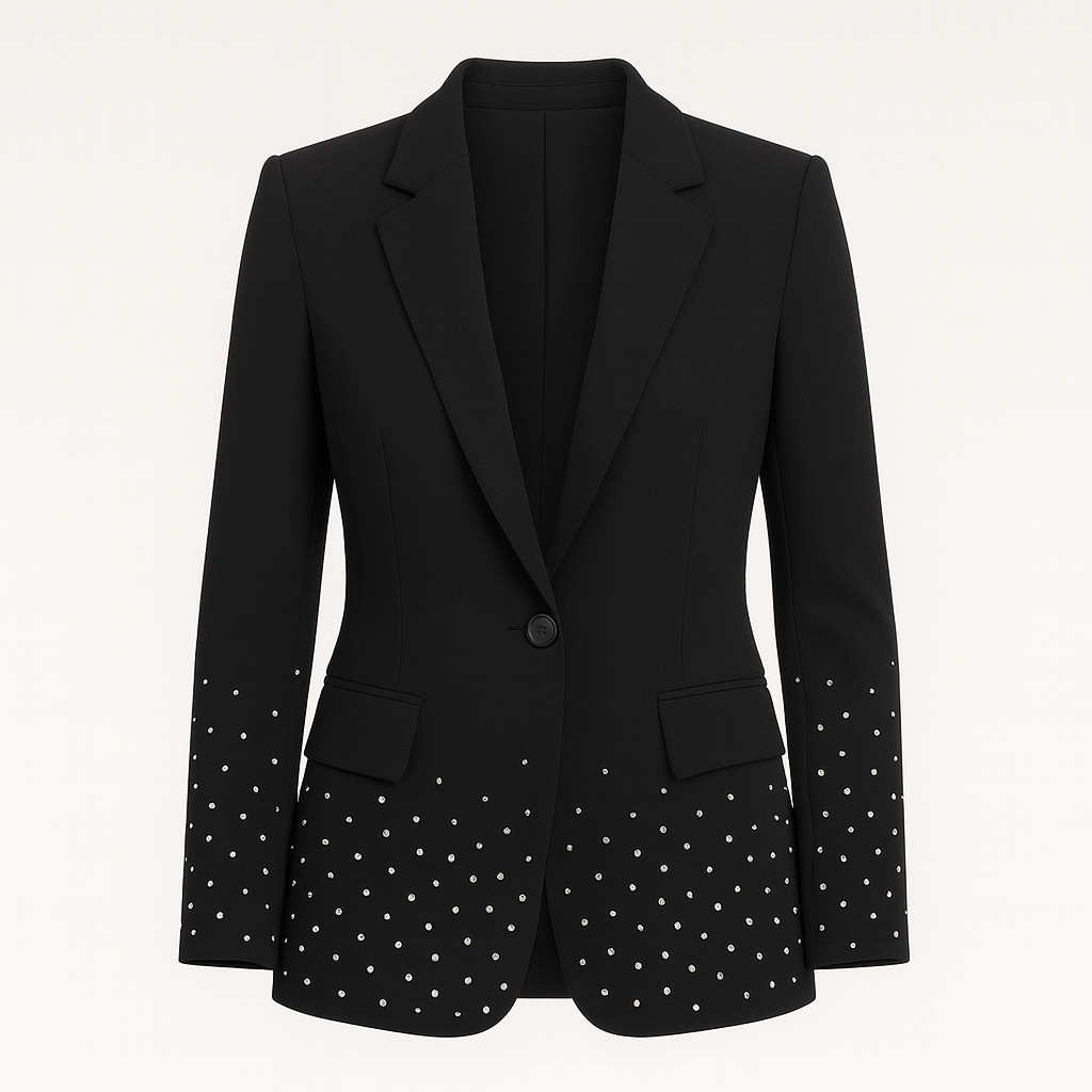 A black tailored blazer featuring a single-button closure, notched lapels, and flap pockets. The lower half of the blazer and sleeves are decorated with small, evenly spaced silver studs, adding a subtle yet elegant sparkle.