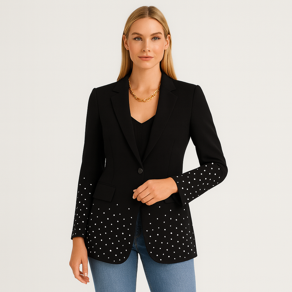 A black tailored blazer featuring a single-button closure, notched lapels, and flap pockets. The lower half of the blazer and sleeves are decorated with small, evenly spaced silver studs, adding a subtle yet elegant sparkle.