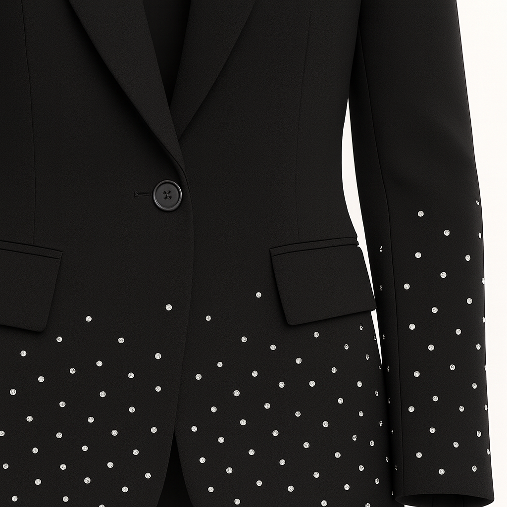 A black tailored blazer featuring a single-button closure, notched lapels, and flap pockets. The lower half of the blazer and sleeves are decorated with small, evenly spaced silver studs, adding a subtle yet elegant sparkle.