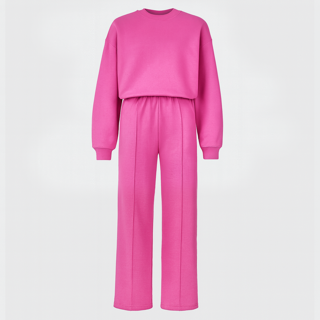 Wide-leg lounge set with relaxed pullover top and elastic waist pants, styled for vibrant casual wear