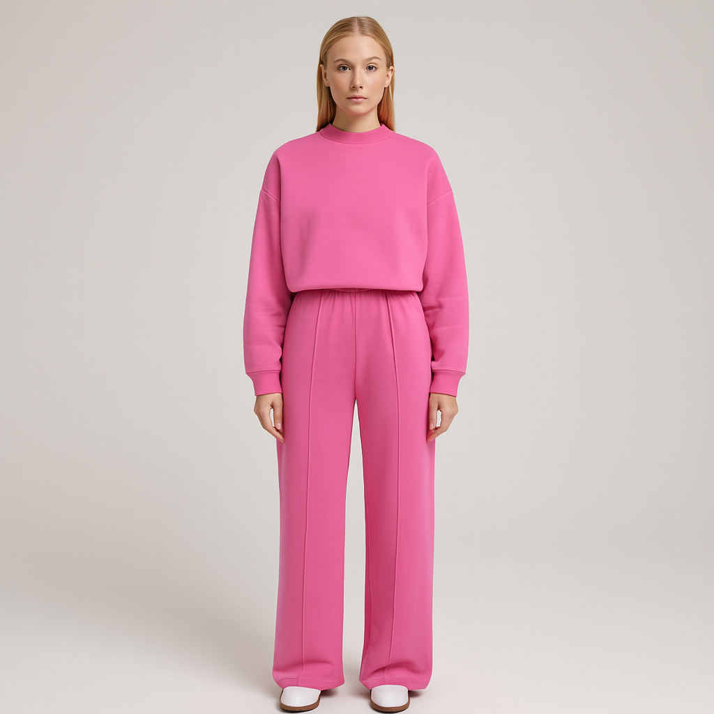 Wide-leg lounge set with relaxed pullover top and elastic waist pants, styled for vibrant casual wear