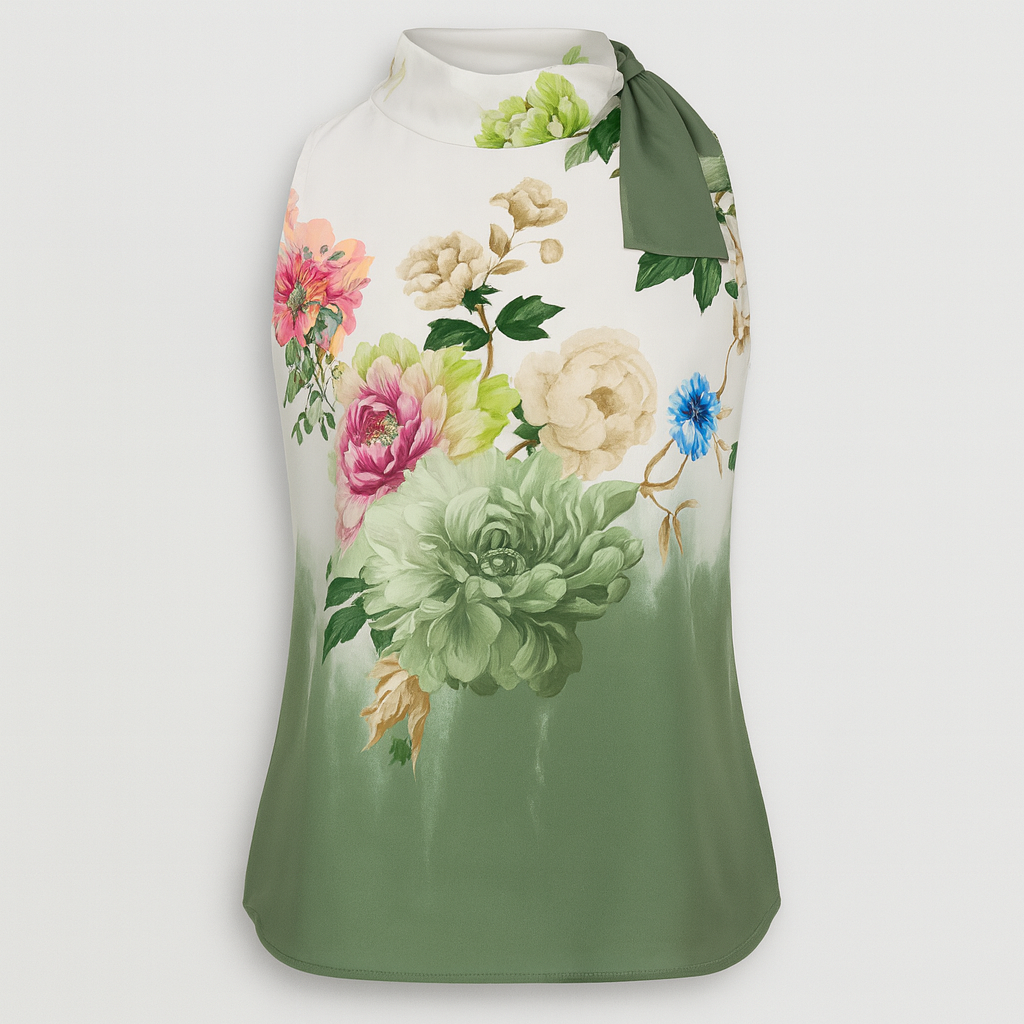 Satin blouse with a high neckline and bow detail, sleeveless cut, relaxed fit, and floral print design.