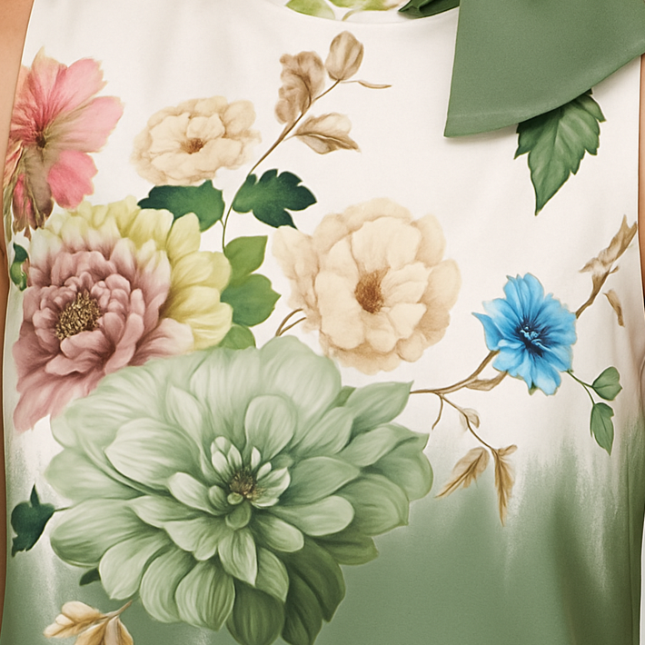 Satin blouse with a high neckline and bow detail, sleeveless cut, relaxed fit, and floral print design.