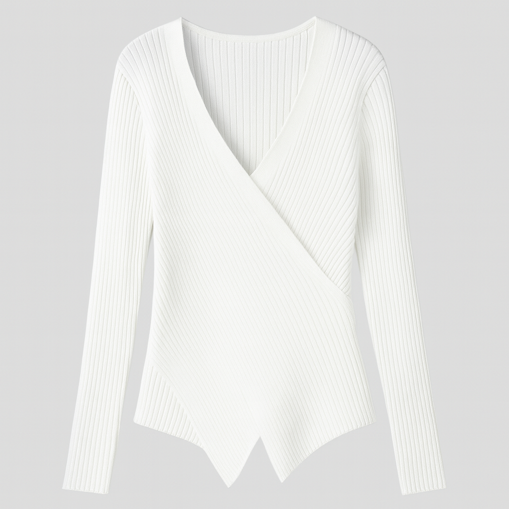 Ribbed knit wrap sweater with long sleeves, deep V-neckline, and asymmetrical hem, designed for modern chic wear