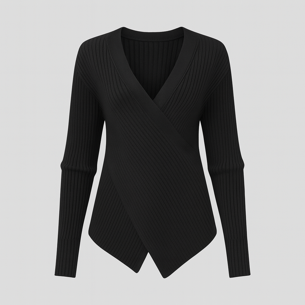 Ribbed knit wrap sweater with long sleeves, deep V-neckline, and asymmetrical hem, designed for modern chic wear