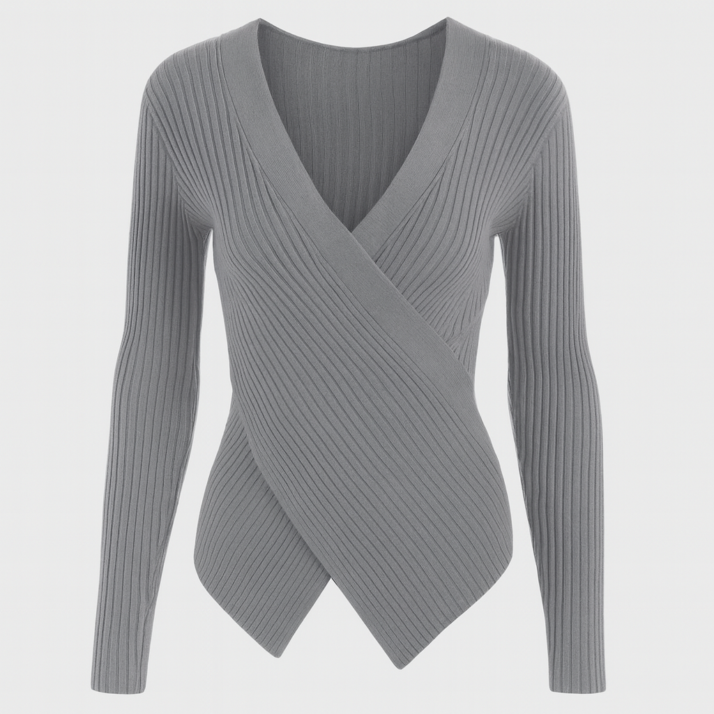 Ribbed knit wrap sweater with long sleeves, deep V-neckline, and asymmetrical hem, designed for modern chic wear