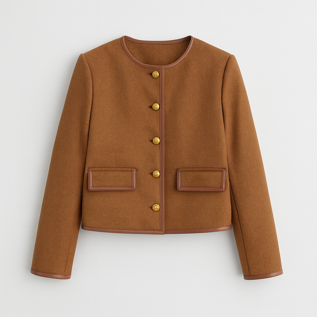 A structured jacket with long sleeves, a round neckline, gold-tone buttons, and faux leather trim.