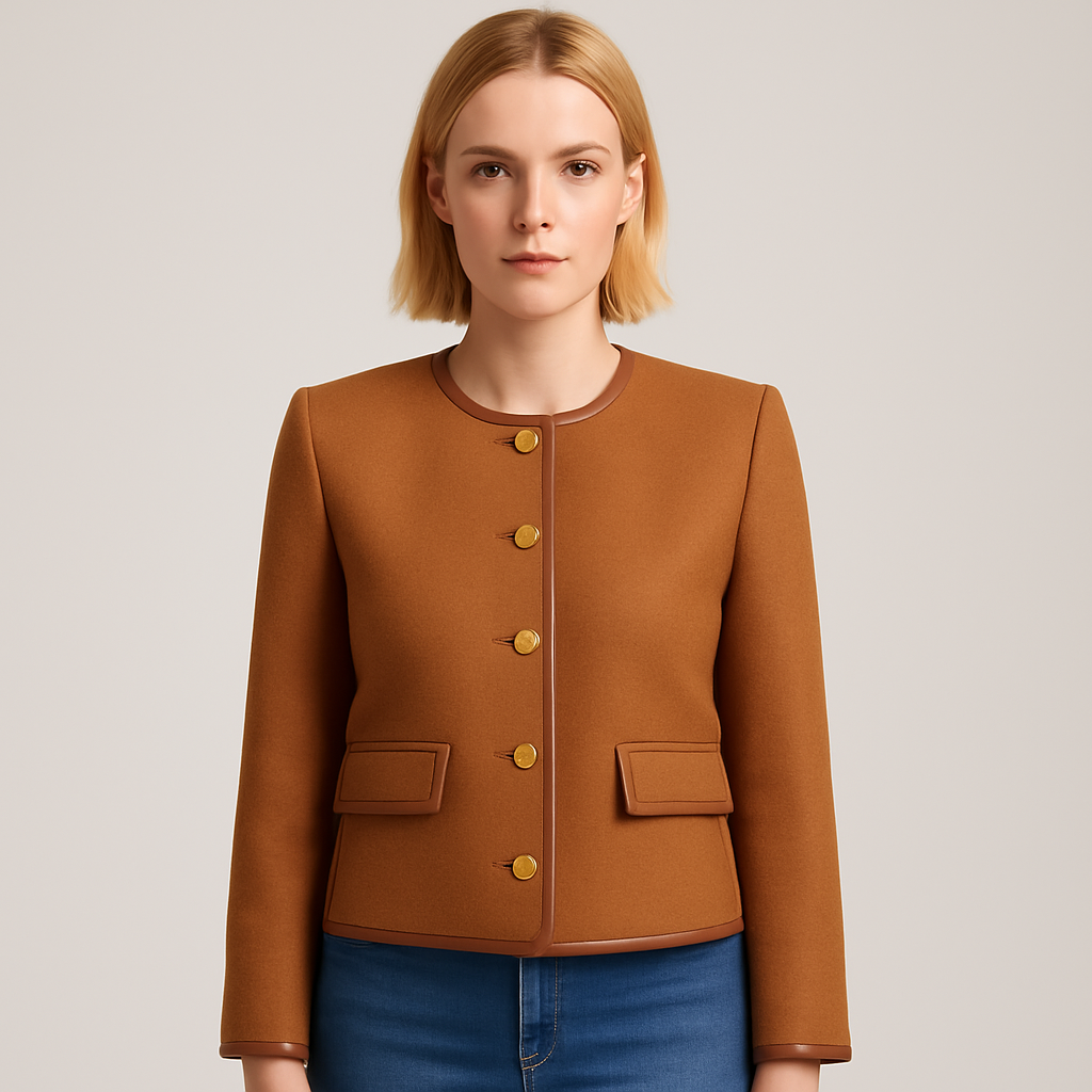 A structured jacket with long sleeves, a round neckline, gold-tone buttons, and faux leather trim.