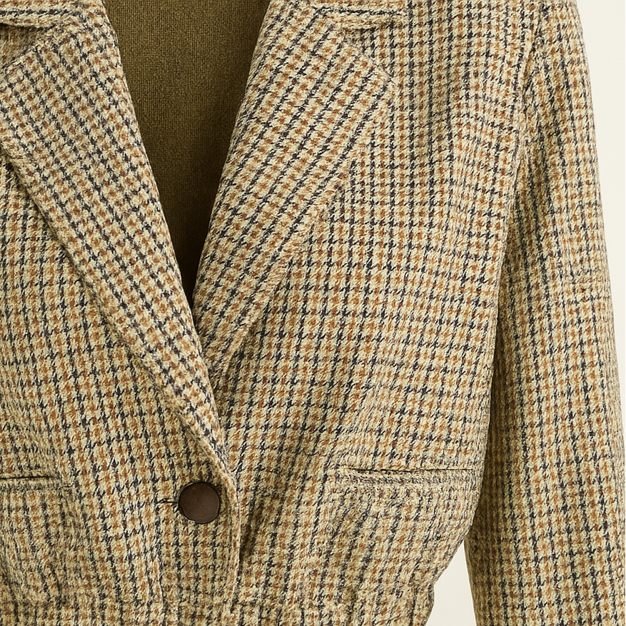 A cropped checkered blazer with a notched lapel collar, long elastic-cuff sleeves, and an elastic hem