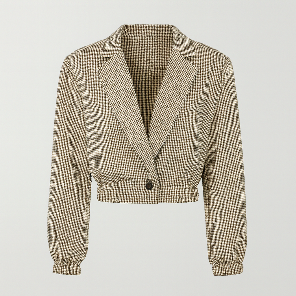 A cropped checkered blazer with a notched lapel collar, long elastic-cuff sleeves, and an elastic hem