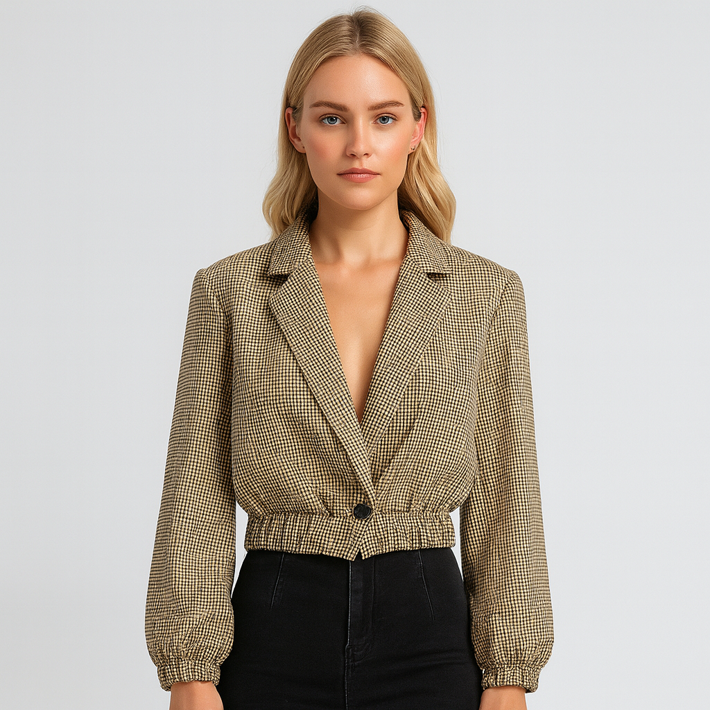 A cropped checkered blazer with a notched lapel collar, long elastic-cuff sleeves, and an elastic hem