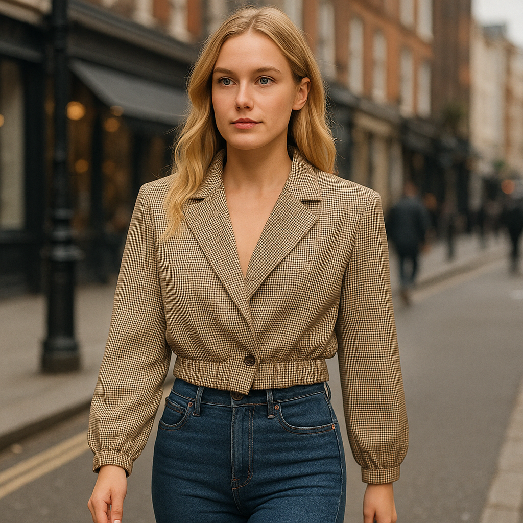 A cropped checkered blazer with a notched lapel collar, long elastic-cuff sleeves, and an elastic hem