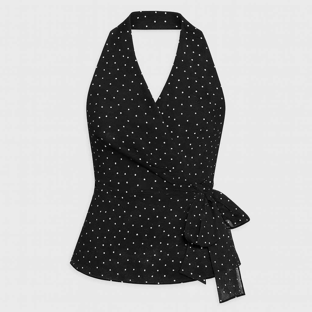 Polka dot wrap top with halter V-neckline, side tie, sleeveless design, and lightweight chiffon fabric.