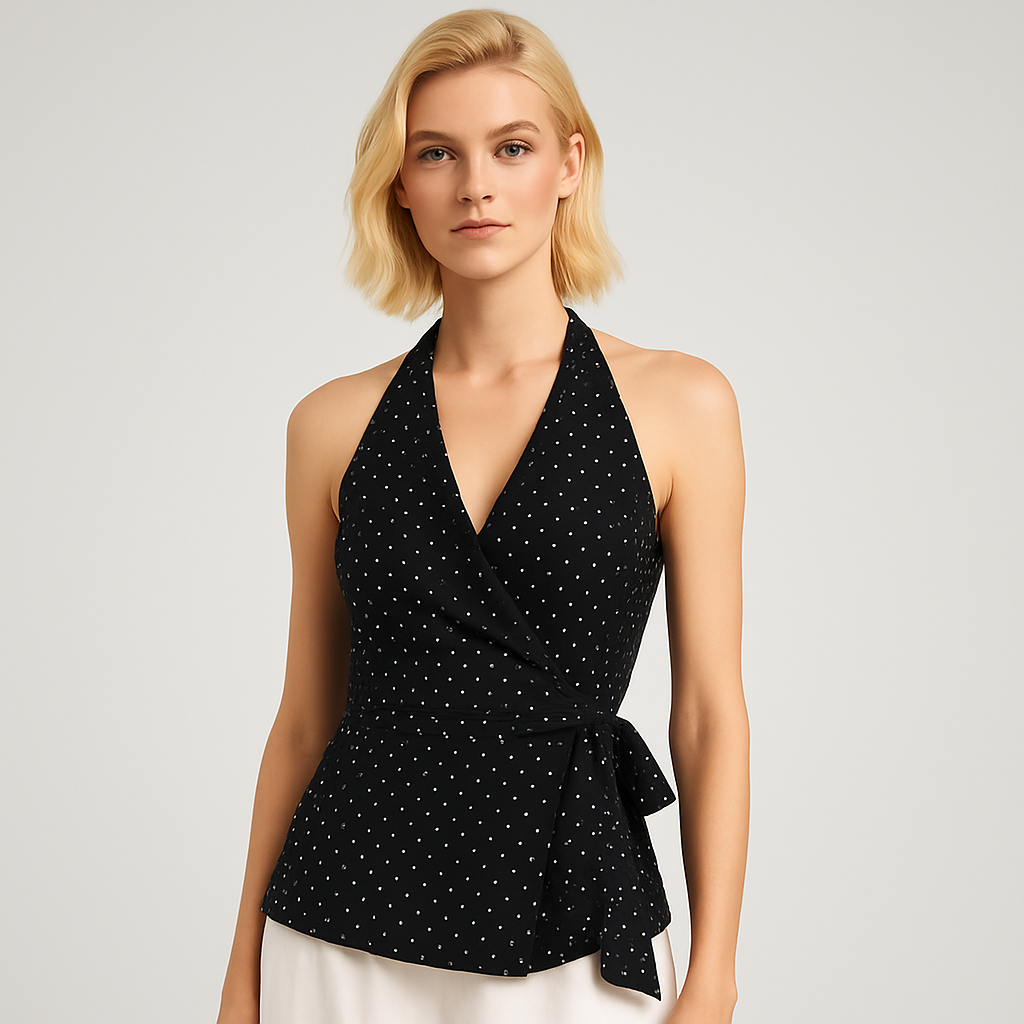 Polka dot wrap top with halter V-neckline, side tie, sleeveless design, and lightweight chiffon fabric.