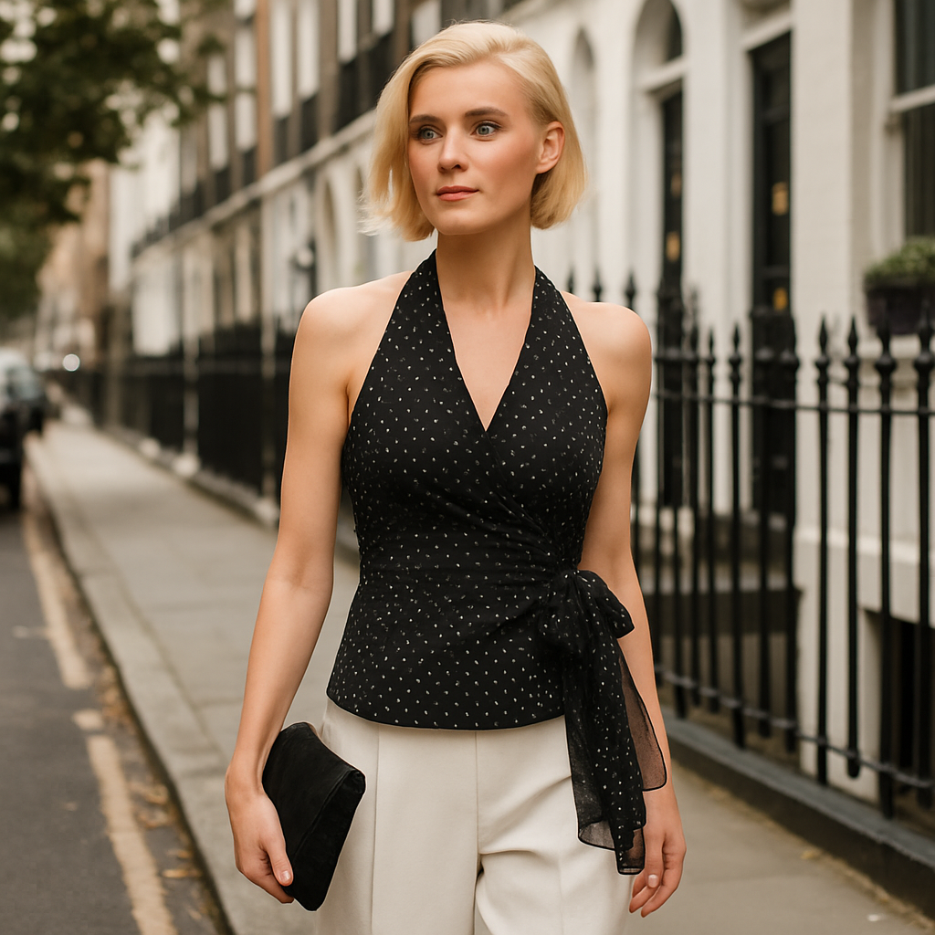 Polka dot wrap top with halter V-neckline, side tie, sleeveless design, and lightweight chiffon fabric.