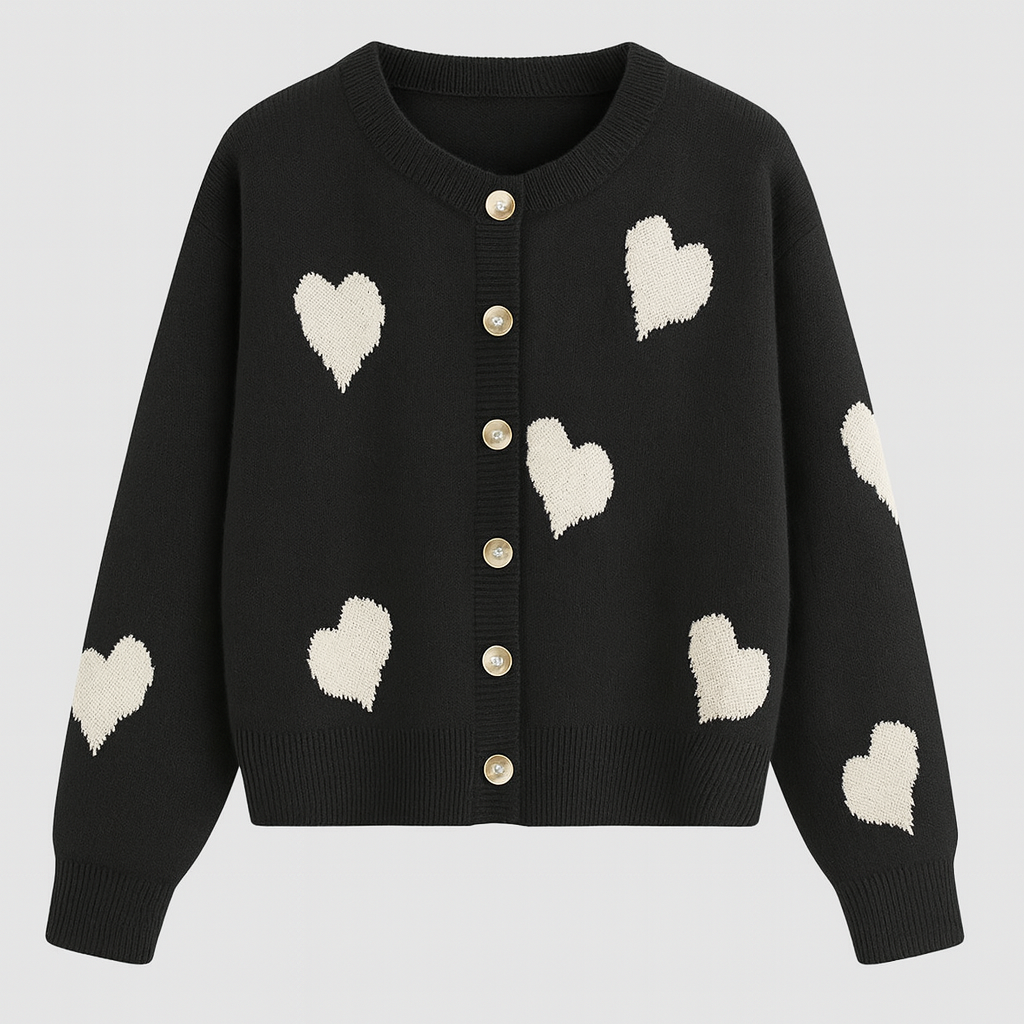 Crewneck cardigan with button-front closure, ribbed hem and cuffs, and playful heart pattern design throughout