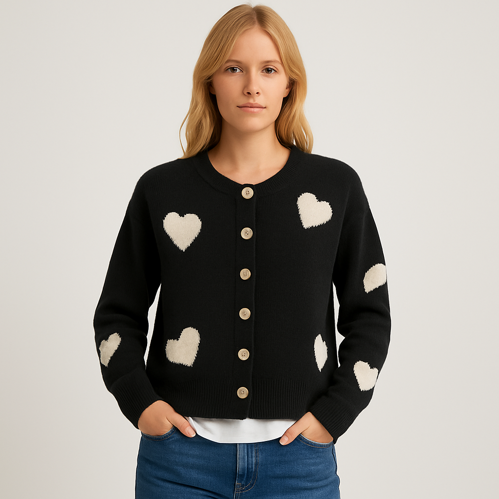 Crewneck cardigan with button-front closure, ribbed hem and cuffs, and playful heart pattern design throughout