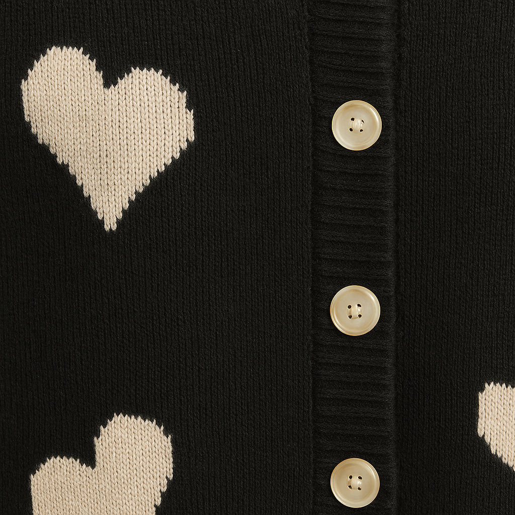 Crewneck cardigan with button-front closure, ribbed hem and cuffs, and playful heart pattern design throughout